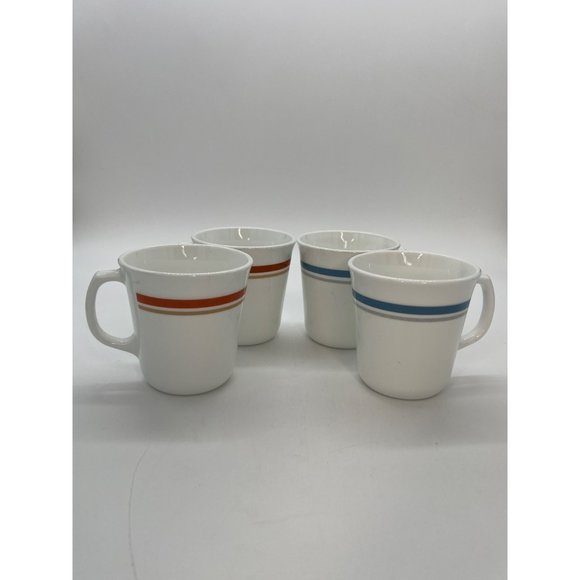 Set of 4 Vtg Corning Coffee Cups 8 oz Slate Blue/Gray: Rust/Brown Stripe D Handl - Picture 1 of 4
